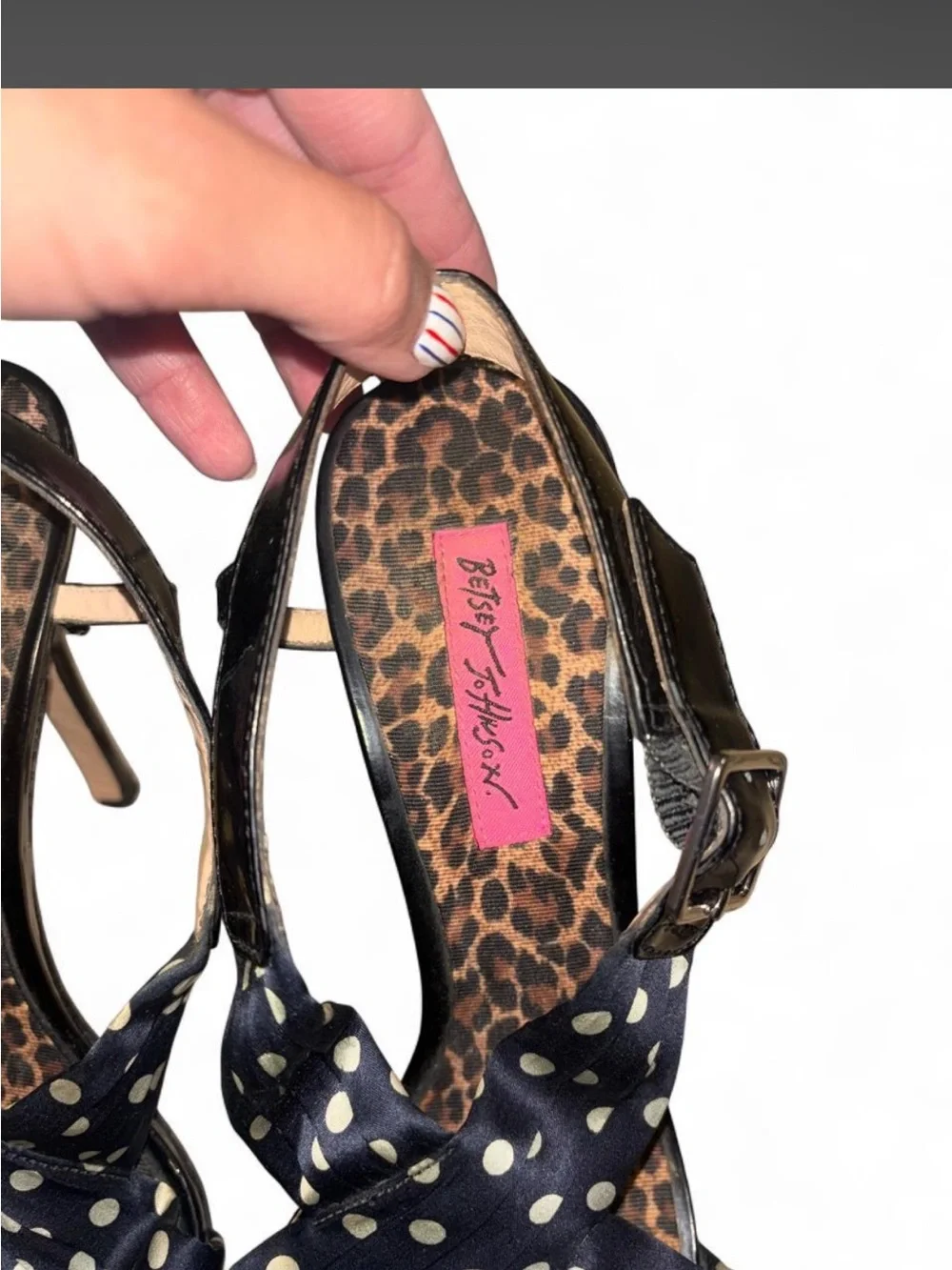 Betsey Johnson Navy Polka Dot Slingback Heels with Leopard Insole